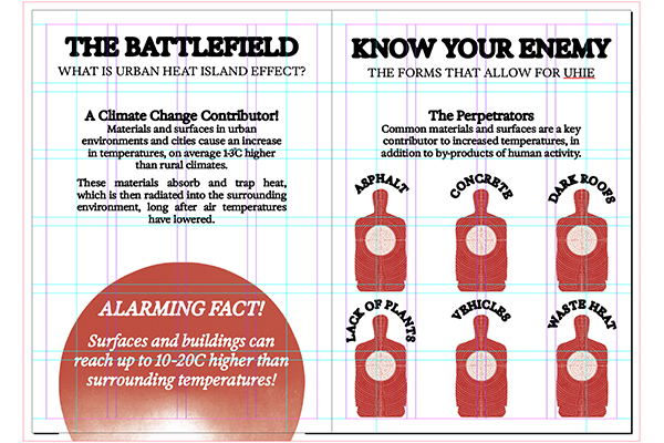 screenshot from Adobe Indesign showing grids and bleed marks over zine design