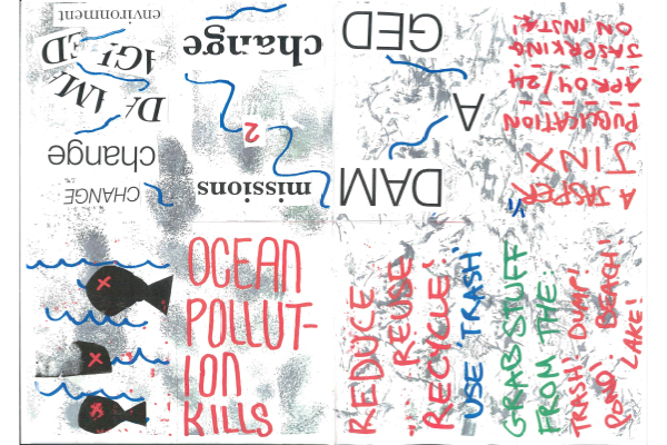 scanned image of 8 panel zine about ocean pollution